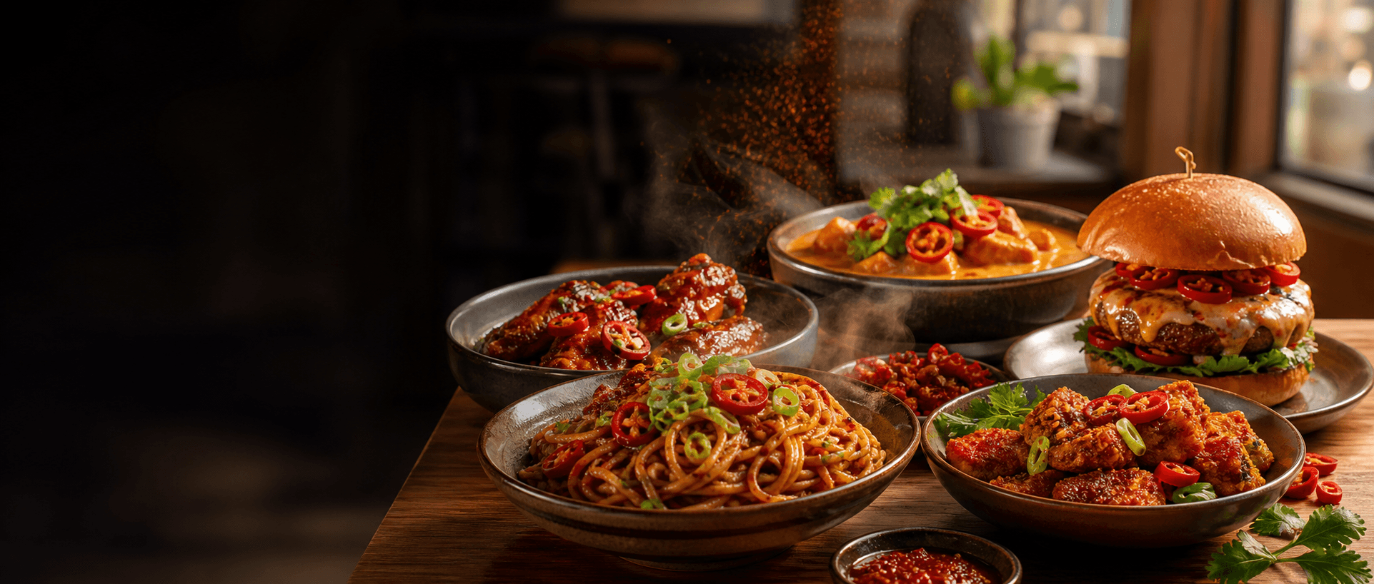 A table of spicy restaurant dishes